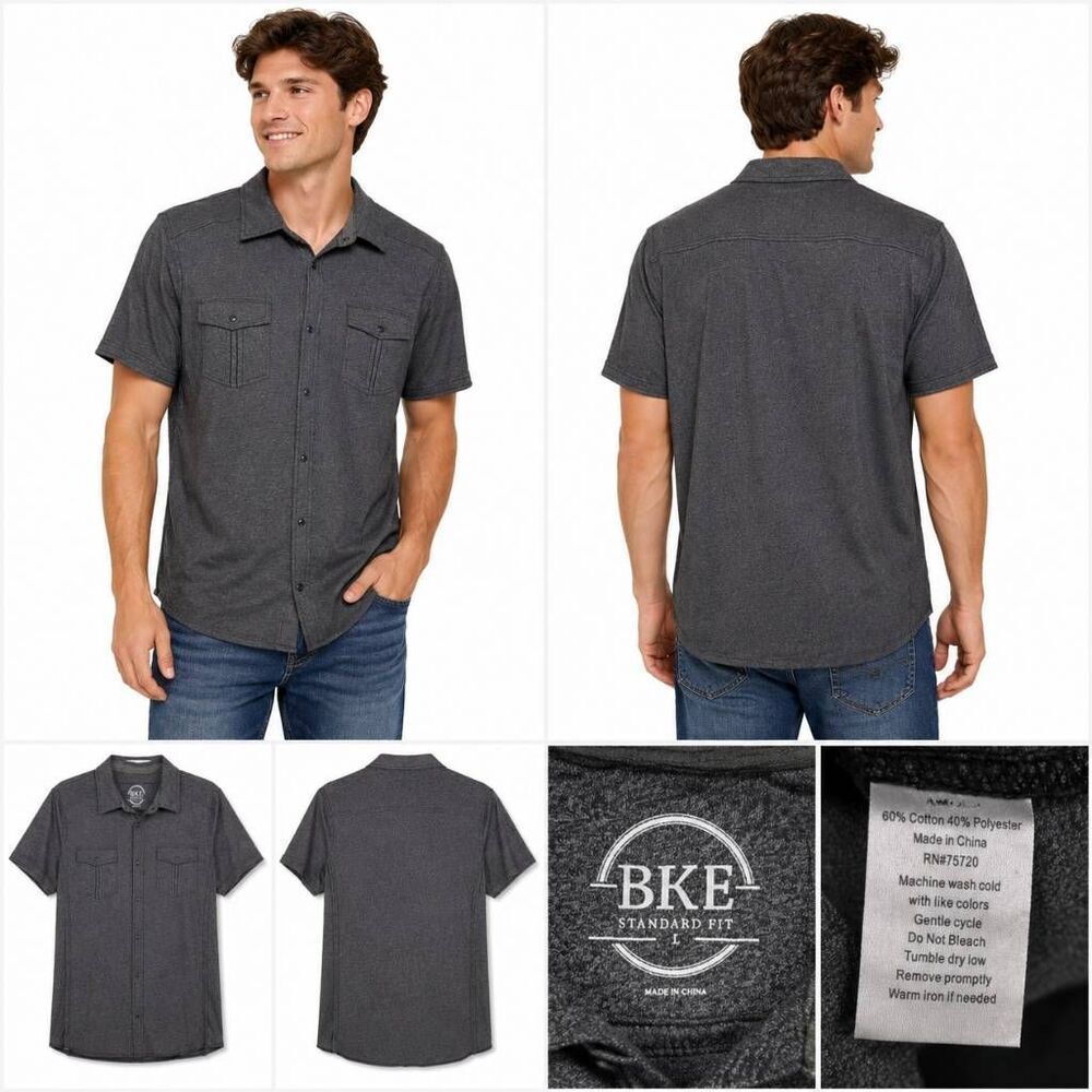 BKE Gray Button Front Shirt Short Sleeve Men’s L
